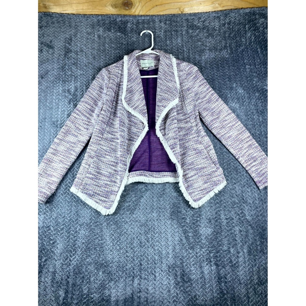 Adrienne Vittadini Blazer Jacket Women XS Purple Stretch Tweed Fringe Open Front